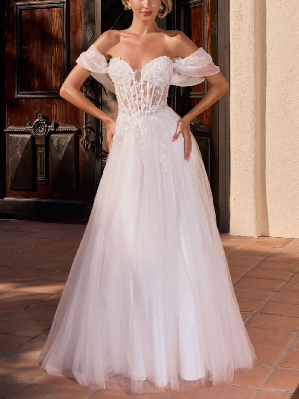 WEDDING DRESS, OFF WHITE, OFF SHOULDER FLORAL APPLIQUE LACE, CORSET LACE UP BACK
